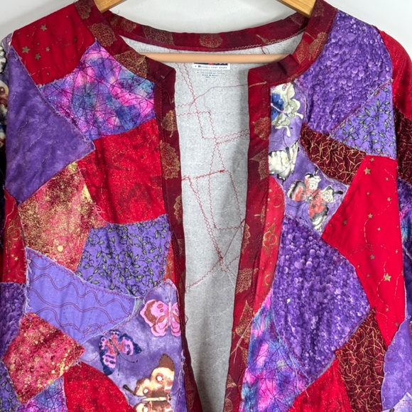 VTG Quilted Coat Kimono Patchwork Purple Butterfly Jerzees L Artsy Granny Boho - Picture 2 of 9